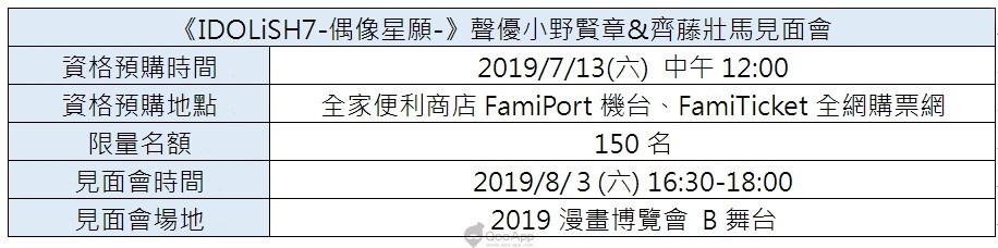《IDOLiSH7-偶像星愿-》七濑陆、九条天声优 小野贤章 与 齐藤壮马 确定参加台湾漫画博览会